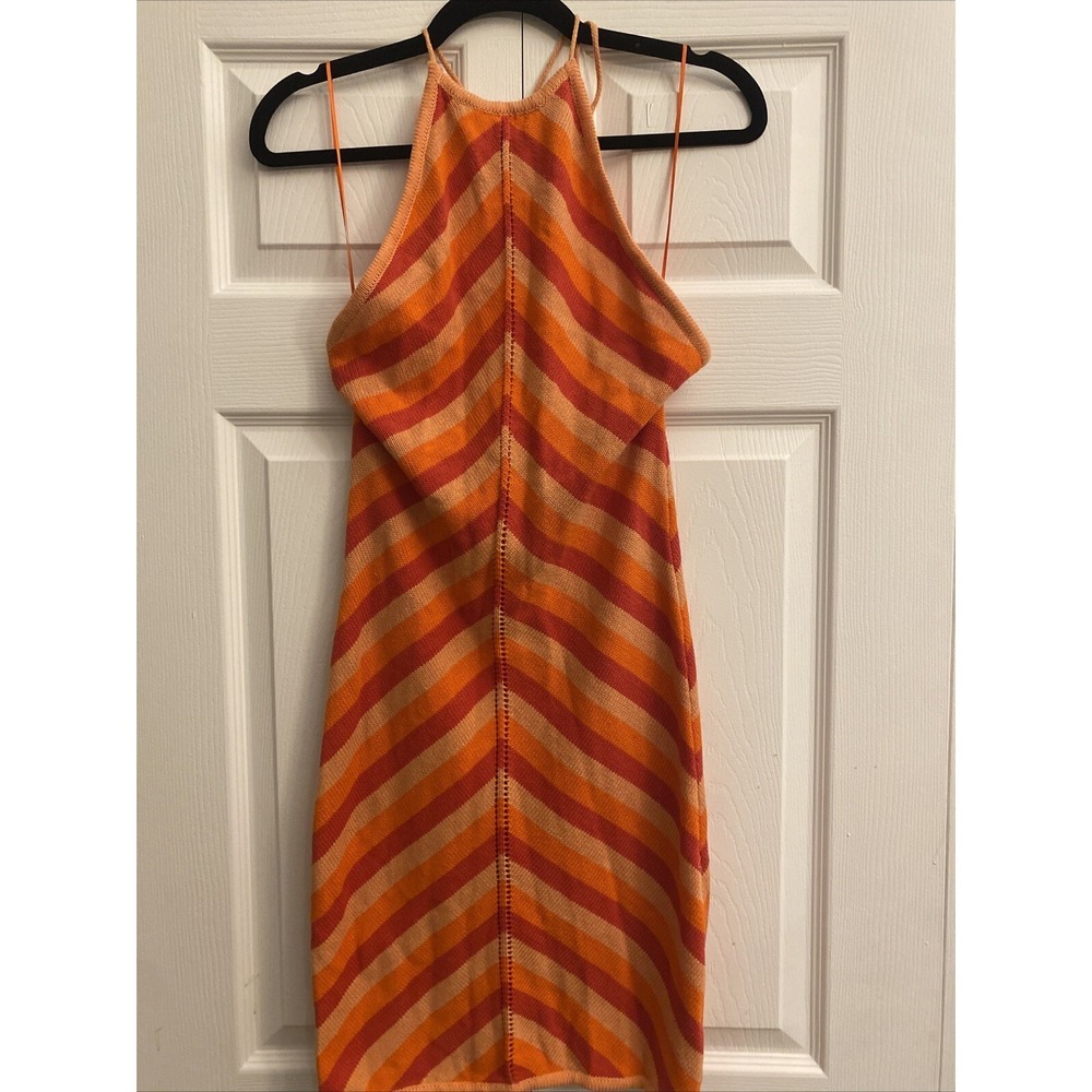 Runaway The Label Chevron Knit Halter Mini Dress Womens Size M Orange Red Cotton